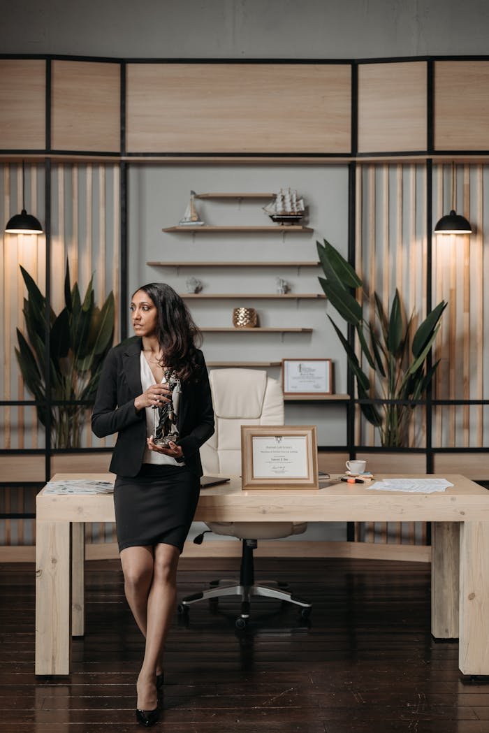testimonial-image Businesswoman holding a trophy in a contemporary office with a desk and awards.